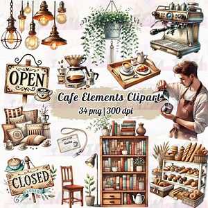 Watercolor Cafe Clipart, Coffee Shop PNG Images (Digital Download)