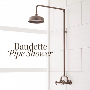 Enjoy a rainfall-like rinse & industrial charm all-in-one with our Baudette Exposed Pipe Shower. Offered in four striking finishes to seamlessly complement your bathroom, which will you choose? Shop now: https://bit.ly/4cDZWyZ | Signature Hardware