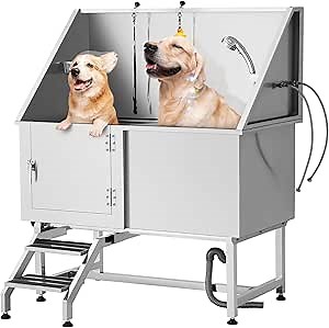 50” Dog Bathing Station, Dog Grooming Tub Dog Bathing Tub for Large Dogs, Stainless Steel Pet Wash Station for Home, with 3-Spray Shower Head, Door & Faucet, Walk-in Stairs