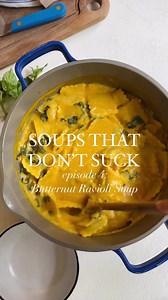 The creamiest Butternut Ravioli Soup Soups that don’t suck: episode 4 Maybe it’s soup, maybe it’s pasta with a lotta sauce. Whatever you wanna call it I’m telling you it’s a COZY ONE. It’s gonna warm you right up and you’re going to be so happy you have the perfect fall bowl of soup in your hands. Speaking of hands, if you can get yours on some raviolini (mini ravioli) that would work even better, but regs ravioli will also be awesome. I used a pesto cheese-filled ravioli and it was divine. Ingr