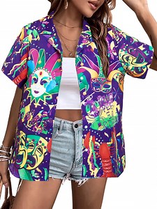 VILOVE Women Mardi Gras T-Shirt Hawaiian Shirt Street Carnival Themed Masks Graphic Tees Beach Vacation Short Sleeve Button Up Tops, Purple