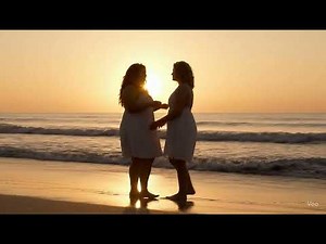 Lesbian kiss between two women at sunset on a beach