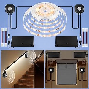Dual Motion Sensor Light Indoor, 16.4Ft Under Cabinet Lights with Two Motion Sensors & Auto Shut-Off Timer, USB & AA Battery Under Bed Lights Motion Sensor LED Light Strip for Home Stairway-Warm White