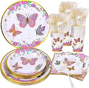 Butterfly Party Supplies, Butterfly Birthday Party Decorations, Butterflies Plates and Napkins, Fairy Themed Birthday Baby shower Plates, Cups and Tableware Set Serves 20