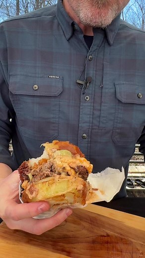 The Fry-ing Dutchman - fried onion buns and homemade pimento cheese. You might have to unhinge your jaw for this one. Doux South Poncho Kamado Joe #flyingdutchman #burgerlover #onions | Lane's BBQ