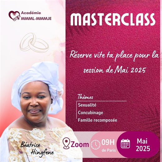 Pendant la masterclass SEXUALITE - CONCUBINAGE - FAMILLE RECOMPOSEE tu en recevras les clés pour construire la confiance, gérer les différences, établir une vision commune, et guider chaque membre du foyer avec patience et clarté. Tu peux déjà réserver ta place pour la prochaine session de mai 2025. ✅ Inscris-toi dès maintenant. 👉 https://chat.whatsapp.com/JYOk3JjRaA46m39Q63ARGE | Béatrice Hingfene