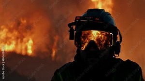 Close-up of a firefighter wearing a gas mask and helmet, with reflective goggles showing raging flames from an intense wildfire in the background.
