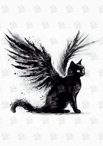 Schwarze Katze Porträt Mit Flügeln | Lustige Wandkunst, kreative digitale Kunst, Aquarell, Katzenportrait, schwarz und weiß, einzigartiges Geschenk - Etsy.de