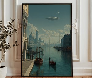 Venice UFO Art Print - Sci Fi Cityscape Wall Art - Alien Spaceship Over Venice - Futuristic Fantasy Poster - Etsy