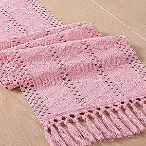 Socomi Boho Table Runner Macrame Fall Thanksgiving Farmhouse Woven Cotton Linen Rustic Coffee Table Runner with Tassels for Dresser Scarf Home Decor Dining Room 12x90 in Pink