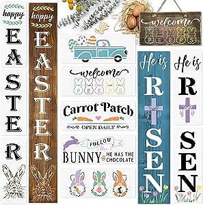 10PCS Happy Easter Stencils for Painting on Wood Reusable-Vertical Easter&He is Risen Porch Sign Stencils .Incl. Peeps/Carrot Patch/Gnome/Truck/Bunny Stencil for Easter Decorations