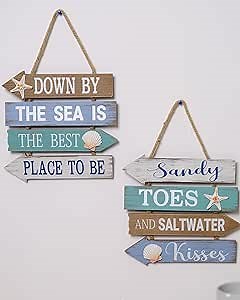 DN DECONATION Wooden Hanging Beach Wall Decor Set of 2 Beach Plaque Wall Sign Shell and Starfish Themed Ocean Wall Sign Beachy Decorations for Home Bathroom