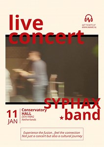 A Reminder ( Save Date , This Sunday ) 📅 Event: Syphax Band Live Concert 📍 Location: Conservatory Hall, The Hague (Den Haag), Netherlands 🗓 Date: Sunday, 11 January 2026 🕔 Time: 17:00 (5:00 PM) 🎟 Tickets: Available at www.amare.nl | Syphax Band