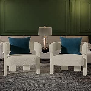 Mid Century Modern Accent Chairs Set of 2, Teddy Fabric Living Room Chairs Comfy Upholstered Corner Chair Reading Armchair for Bedroom Sunroom Living Room, Cream White