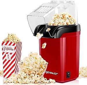 Aigostar Popcorn Maker Machine, Hot Air Popcorn Popper with Measuring Cup & Popcorn Bag, 2 Minutes Fast, BPA-Free, No Oil Healthy Snacks for Kids Adults, ETL Certificated, 1200W, Red