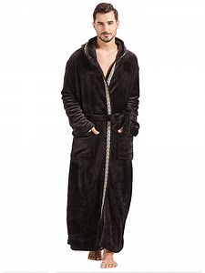 FashGudim Mens Robes Big and Tall with Hood Full Length Plush Long Robe Fleece Bathrobe(Black & Black Trim, L/XL)