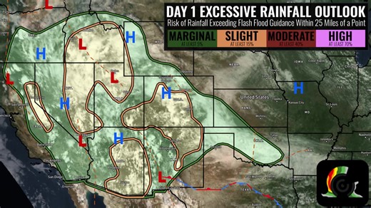 A risk of flash flooding, particularly for burn scars, streams, creeks, and other low-lying areas, will materialize today across the western CONUS. Monsoonal moisture-fueled showers and thunderstorms will lead to rainfall rates in the area of 1.5"/hr in these areas. #COwx #NMwx #AZwx #UTwx #NVwx #CAwx #IDwx #WYwx #MTwx | RadarOmega