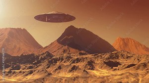 Massive Ufo alien saucer hovering over planet mars mountain 3D rendering, cinematic view of alien spacecraft and ufo concept Stock Video
