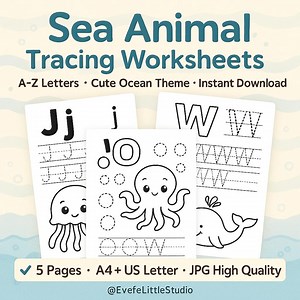 Sea Animals Alphabet Tracing Worksheets | Ocean Animal Coloring Pages | Preschool Handwriting Practice | Instant Download PDF JPG - Etsy