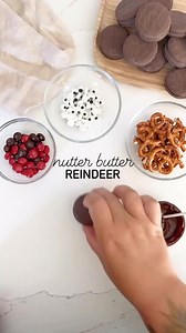 Nutter Butter Reindeer Cookies – chocolate covered Nutter Butter cookies, topped with pretzel twists and candy features for a sweet treat that you will want to make for Christmas! Full tutorial @homemade.heather ✨ | Homemade Heather