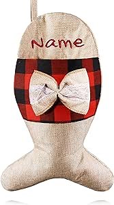 Bemaystar Personalized Cat Christmas Stocking - Buffalo Plaid Fish Christmas Stockings Custom Pet Christmas Stocking Embroidered Hanging Socks with Bow for Holiday Christmas Decoration,15"x9"Burlap