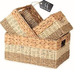 Wicker Storage Baskets, Set of 3 Water Hyacinth Storage Baskets For Organizing, Storage Bins Container for Shelves, Woven Pantry Baskets, 3-Pack, Natural, Built-in Carry Handles