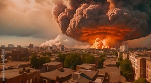 A massive, fiery mushroom cloud rises above a city, casting an eerie orange glow