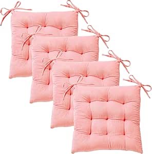 4Pack Chair Cushions for Dining Chairs 15.7"X15.7" Corduroy Chair Pads with Ties Indoor Non-Slip Square Seat Cushion for Kitchen Office Chairs Computer Desk Seat Pad, Peach Pink