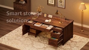 60" Executive Desk with Power Outlet, Home Office Desk with Drawers, Wooden Work Desk with File Cabinet, Computer Desk for Work, Study, Writing, White and Brown