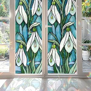 Decorative Snowdrop Stained Glass Window Film, Snowdrop Stained Glass Window Film for Bathroom Shower Door Heat Anti UV