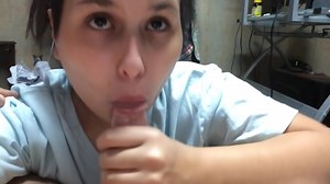 cute girl gives innocent blowjob sucking the cum out