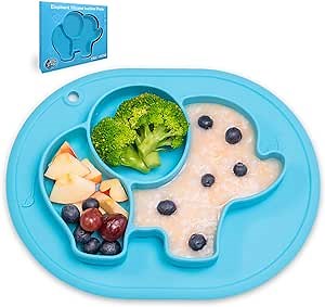Elephant Silicone Suction Plate With Hanging Hole, Divided Toddler Plates, Skidproof & Unbreakable, BPA Free, Dishwasher Microwave Safe (Blue)