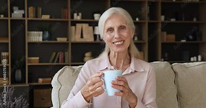 Happy older woman relax sit on cozy sofa alone in living room holds teacup smile look at camera, enjoy calm good morning at modern home. Attractive carefree satisfied female retiree portrait concept