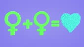 Animación en bucle 3d de signo de amor entre chica y chica. Las bolas...