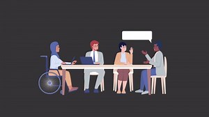Animated discussion characters. Disability at work. Full body flat people on black background with alpha channel transparency. Colorful cartoon style HD video footage for animation