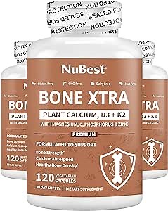 Bone Xtra - Vegan Bone Strength Formula for Stronger Bones, Plant-based Calcium from Marine Algae, Vitamins D3, Vitamin K2, Magnesium, Phosphorus & More for Teens, Adults - 3 Months Supply | 3 Pack