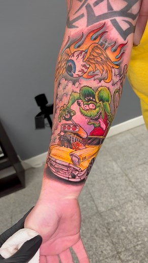 ‘57 Chevy rat fink! Can’t wait to finish off this sleeve. #lincolntattooco #LTC #tattoo #tattooartist #tattooideas #tattooart #tattoos #colortattoo #ratfinkart #ratfink | Colby Fayhee