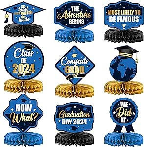 KatchOn, Blue and Black Graduation Centerpieces 2024 - Pack of 9, Graduation Honeycomb Centerpieces | Class of 2024 Centerpieces Blue and Gold, Graduation Decorations Class of 2024 | Grad Table Decor