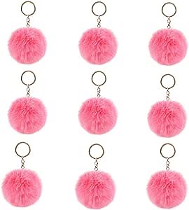 10 Pieces Pom Poms Keychain Fluffy Ball for girls Keychain Faux Rabbit Fur Pompoms Keychains For Women Pink, Small