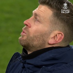 This is what it means 🥲 Boreham Wood manager Luke Garrard looks emotional after his team knocked out Championship AFC Bournemouth in the #EmiratesFACup fourth round ✨ | The Emirates FA Cup