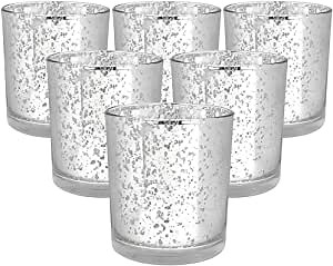 Just Artifacts 4-Inch Speckled Mercury Glass Votive Candle Holder (6pc, Silver)
