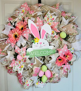 Easter Bunny Welcome Wreath, Spring Door Decor With Pink Ribbons and Eggs, Handmade Easter Mesh Wreath, Front Door Bunny Wreath - Etsy