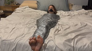 Helpless Purple Mummification – Bound, Gagged, and Wrapped Tight