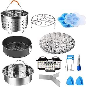 Amazon.com: 14pcs Instant Pot Accessories Set Fits 5,6,8Qt - 2 Steamer Baskets, Non-stick Springform Pan, Egg/Steamer Rack, Egg Bites Mold, Dish Plate Clip, Kitchen Tong, Oven Mitts, Magnetic Cheat Sheets: Home & Kitchen