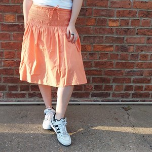 Retro orange/coral midi skirt with gathers from... | Depop