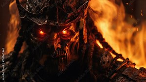 Evil knight wearing black armor with flaming eyes and burning fire, background video loop