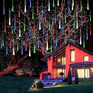 Meteor Shower Raindrop Lights，Christmas Lights Outdoor 12 inch 8 Tube Snow Falling Icicle Cascading Lights for Xmas Tree Decor Wedding Party，Garden Decoration (Colorful)