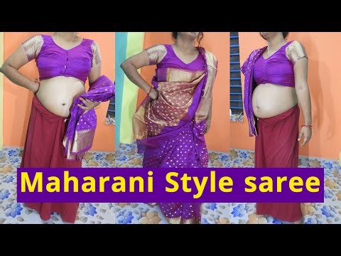 Purple 💜 Maharani Style Saree With Blue 👙 Blouse With Bra For 📸 Photo Shoot Ultra Low Waist Draping
