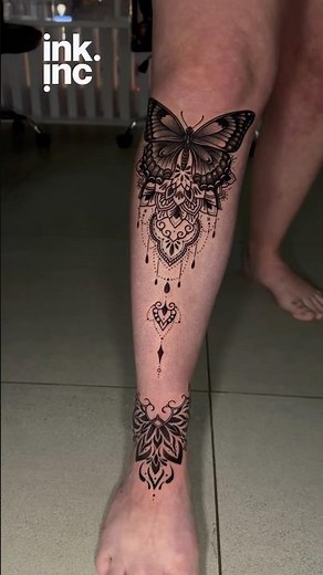 🦋 Mandala Butterfly Leg Tattoo | Feminine Geometric Ink Design ✨ #mandalatattoo #legtattoo