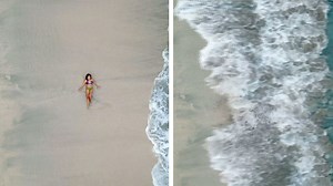 Drone captures bikini model's epic beach fail